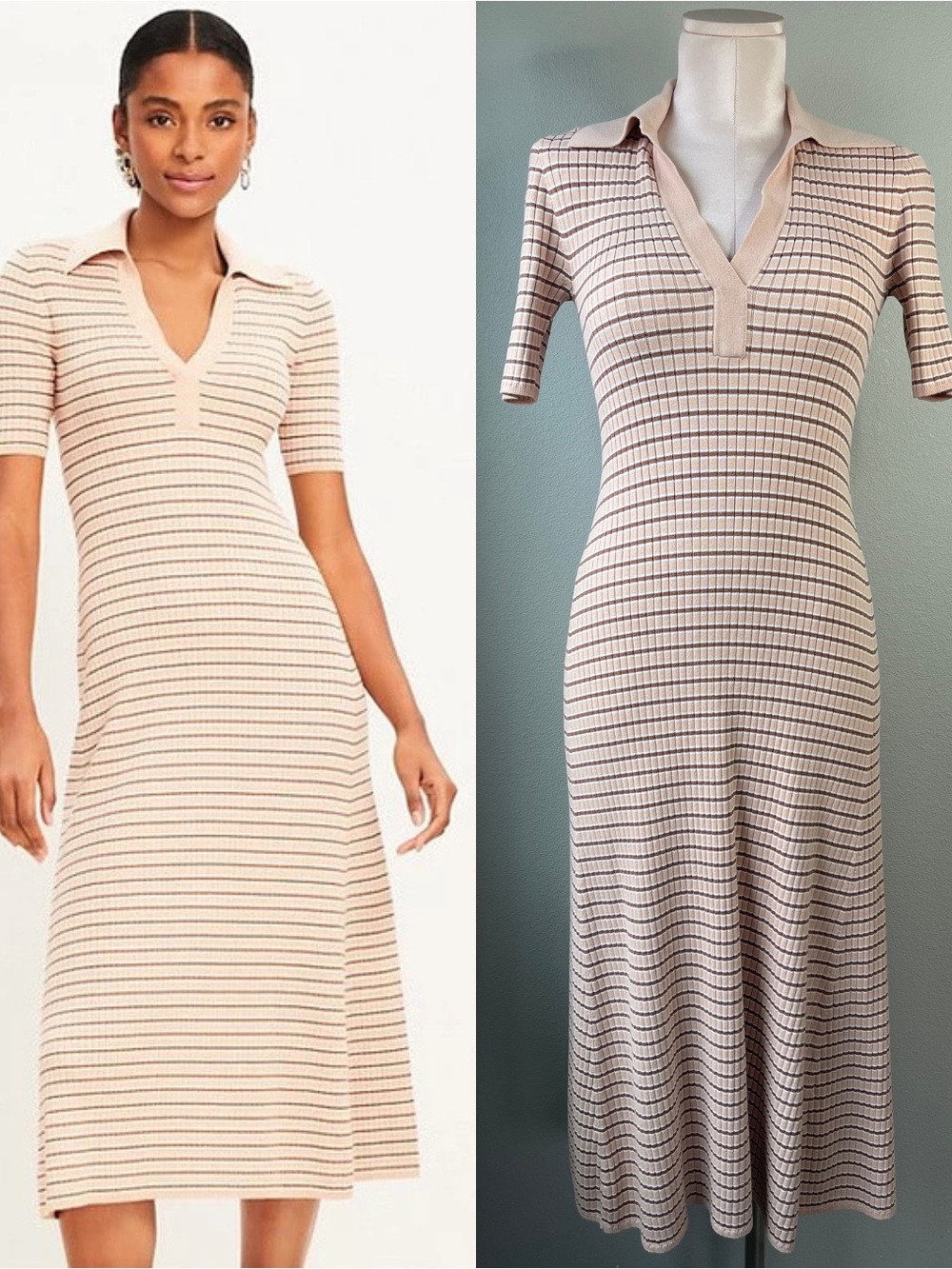 Ann Taylor Loft Polo Dress Beige Brown Striped Ribbed Knit Midi XS
